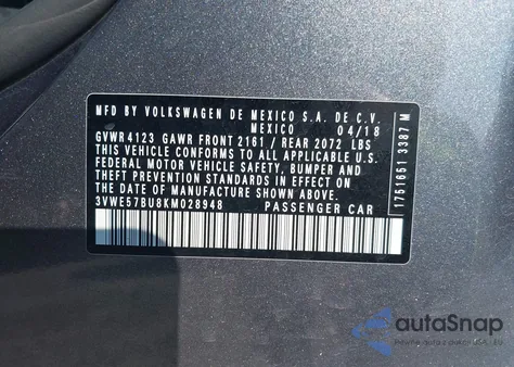 2019 Volkswagen Jetta Sel z USA, uszkodzony, nr VIN 3VWE57BU8KM028948